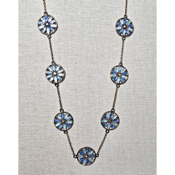 ITALY DYADEMA VERMEIL STERLING BLUE & GREEN ENAMEL FLORAL PETAL NECKLACE - Picture 3 of 9